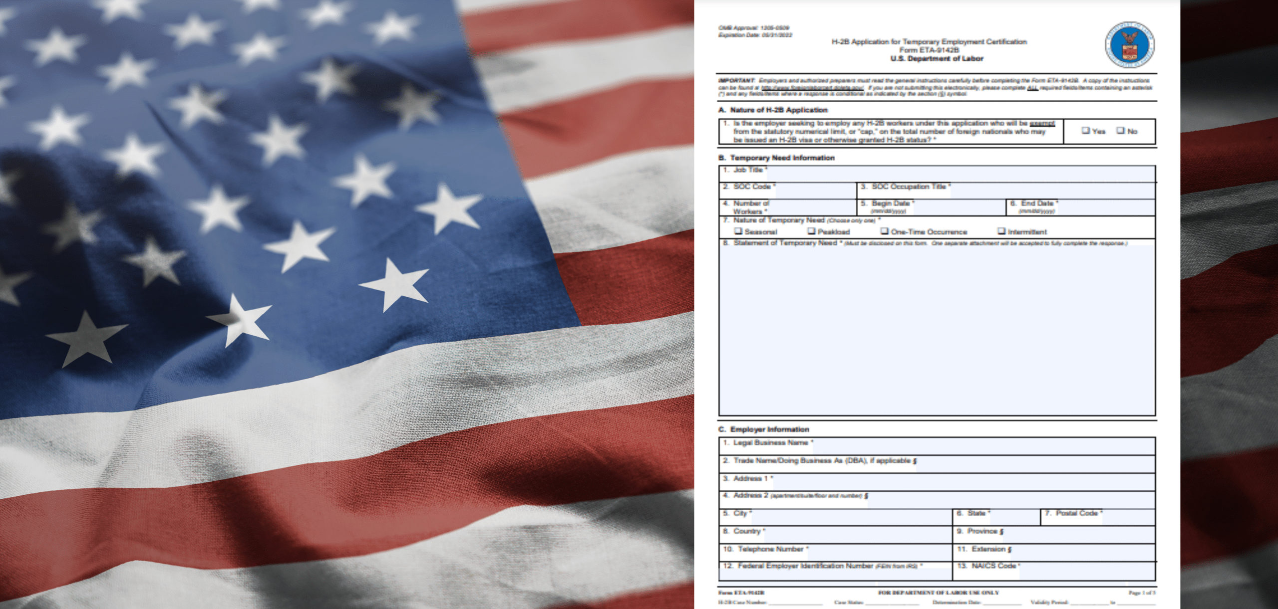 Formulario H2B con bandera de Estados Unidos